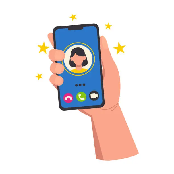 Vector illustration of Illustration of a hand holding a phone with an incoming call. Talk on the phone, video call, cancel the call. Vector graphic.