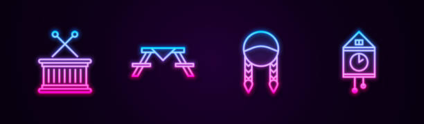 istock Set line Musical drum and sticks, Picnic table with benches, Braid and Retro wall watch. Glowing neon icon. Vector 1560316528