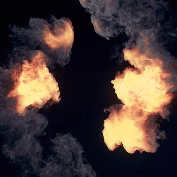 istock Composition with close up fire explosions and dark smoke. Futuristic background. 3d rendering digital illustration 1560316561