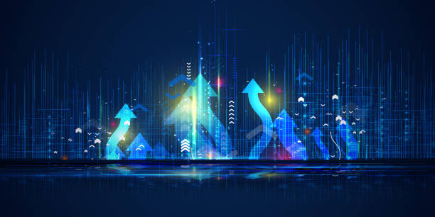 Light arrow up on grid dark background illustration, copy space composition, digital growth concept. Light arrow up on grid dark background illustration, copy space composition, digital growth concept. stock illustration on-top-of stock illustrations