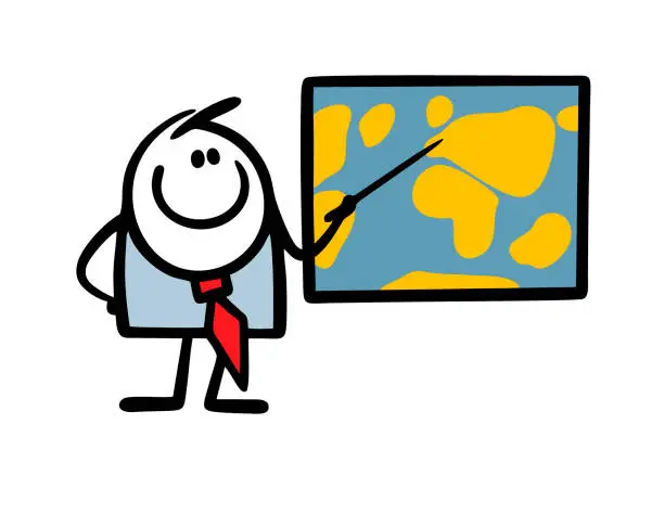 Vector illustration of Male friendly teacher shows countries on a geographical map of the world with a pointer. Vector illustration of a lesson at school.