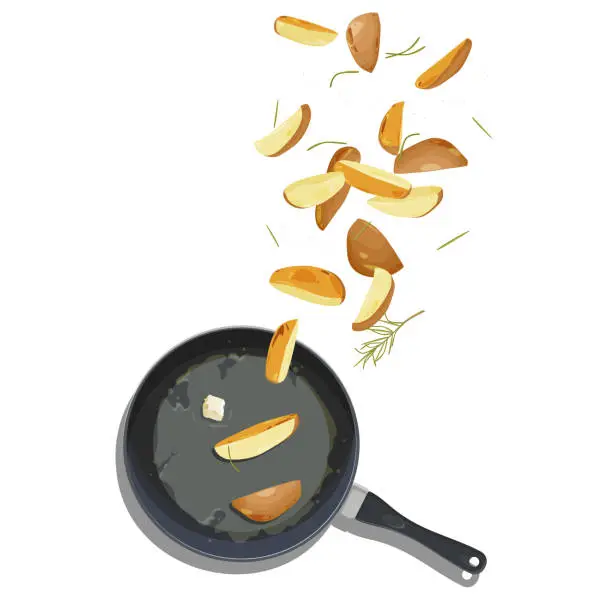 Vector illustration of Pan-fried golden potatoes, buttered crisp-crusted potatoes with rosemary and butter tossed in the air.