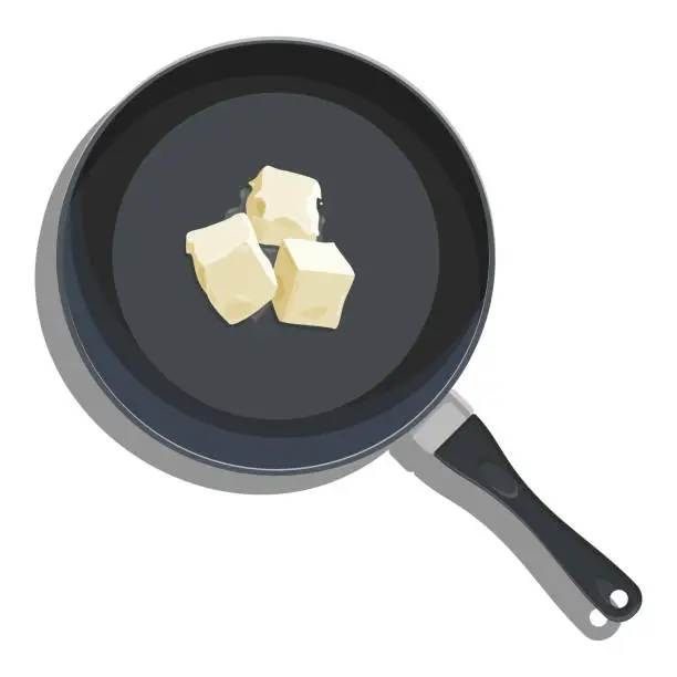 Vector illustration of The frying pan is black with an elegant handle. Cubed butter melts slowly.