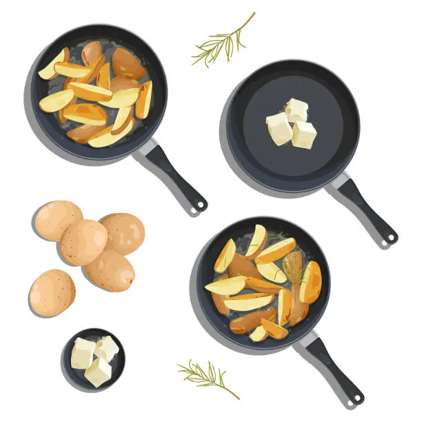Vector illustration of Seth, golden pan-fried potatoes, crispy buttered potatoes with rosemary and butter.