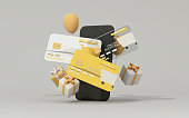Credit card or cash card in the concept of online shopping and the future world of card spending. Without cash and shopping from home in the form of 3D cartoon renderings