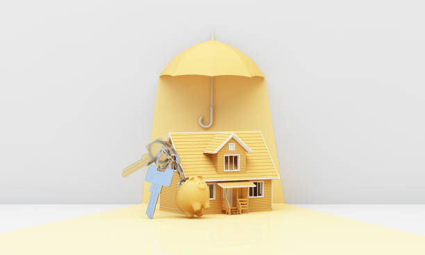 3d 이미지 디자인, 렌더링, 보험 광고, 주택 및 주거용 건물의 개념에 대한 배경 노란색 우산 - home accessories 뉴스 사진 이미지