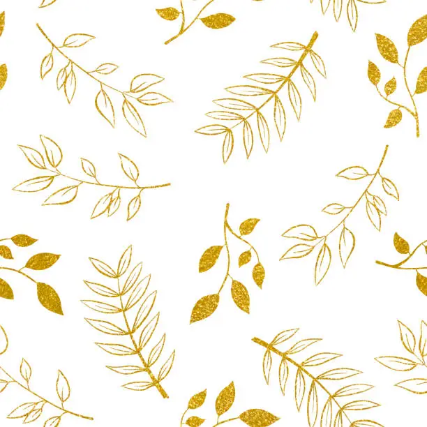 Vector illustration of Gold Colored Floral Seamless Pattern with Hand Drawn Leaves, Bloosoms and Branches. Christmas and New Year Greeting Card Background Template, Christmas Present Wrapping Paper.