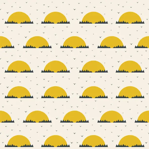 Vector illustration of Seamless pattern of sunrise and flying birds illustration