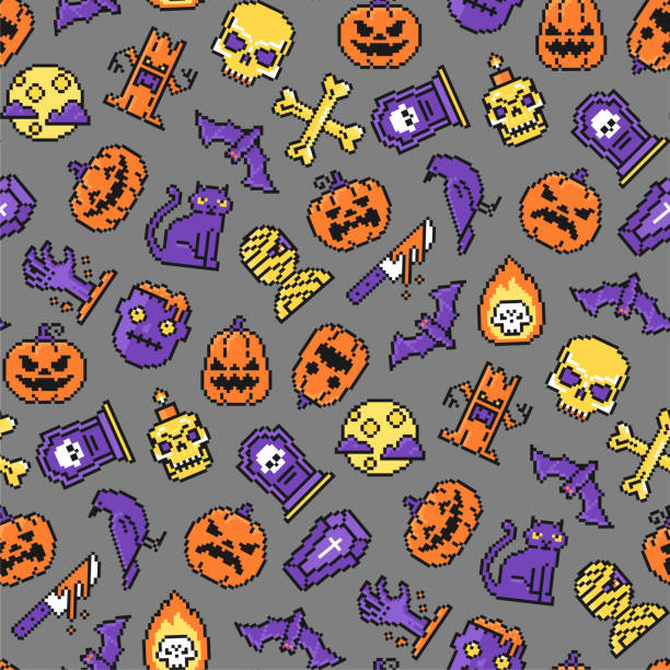 illustrations, cliparts, dessins animés et icônes de pixel art halloween motif sans couture - illustration vectorielle pour textiles, emballage, affiches - video game skull monster 1980s style