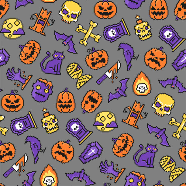 illustrazioni stock, clip art, cartoni animati e icone di tendenza di pixel art halloween seamless pattern - illustrazione vettoriale per tessuti, avvolgimenti, poster - video game skull monster 1980s style