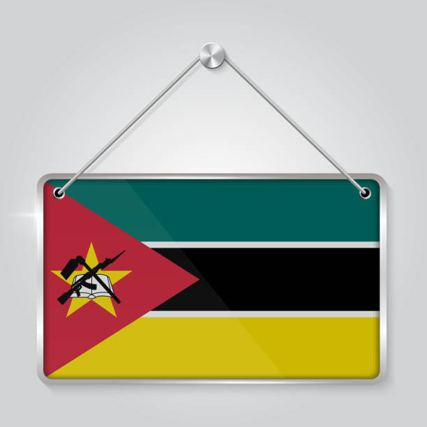 Mozambique flag pennant hanging on the rope, rectangle hanging Mozambique flag pennant hanging on the rope, rectangle hanging. 3D Rendering  vector Illustration EPS10 mozambique channel stock illustrations