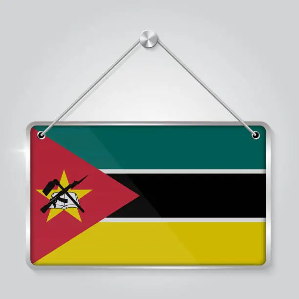 Vector illustration of Mozambique flag pennant hanging on the rope, rectangle hanging