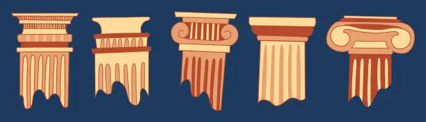 Vector illustration of Ancient ruins. Classic stone pillars, antique architecture building columns, old greek exterior elements. Vector collection of roman building ancient pillar illustration.