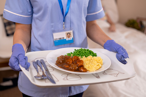 A close up mid section view of an unrecognisable community nurse visiting a patient in their home in Northumberland, England. She is holding a hot meal of steak, carrots, peas and mashed potato on a dinner tray.