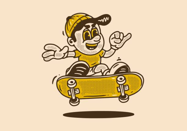 illustrazioni stock, clip art, cartoni animati e icone di tendenza di mascotte del personaggio di un ragazzo su uno skateboard - fakie