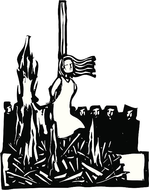 Burned at the Stake Expressionist woodcut style Woman,Saint or Witch being burned at the stake being watched by a crowd. martyr stock illustrations