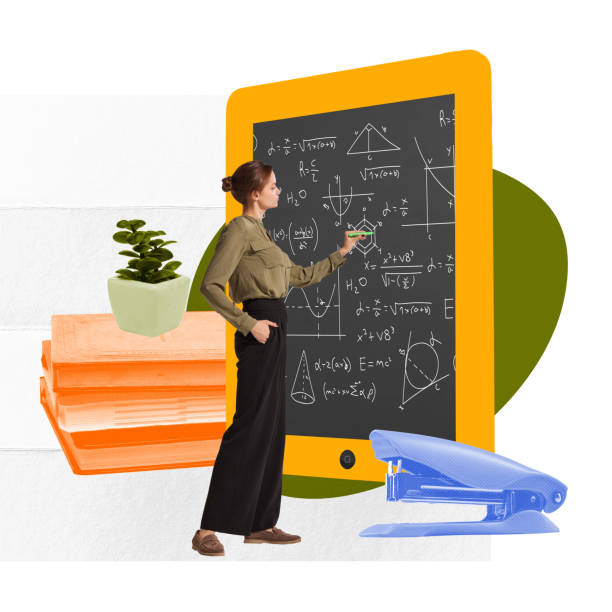 istock Contemporary art collage. Young woman writing on tablet blackboard, learning math, chemistry via online lessons 1560438896