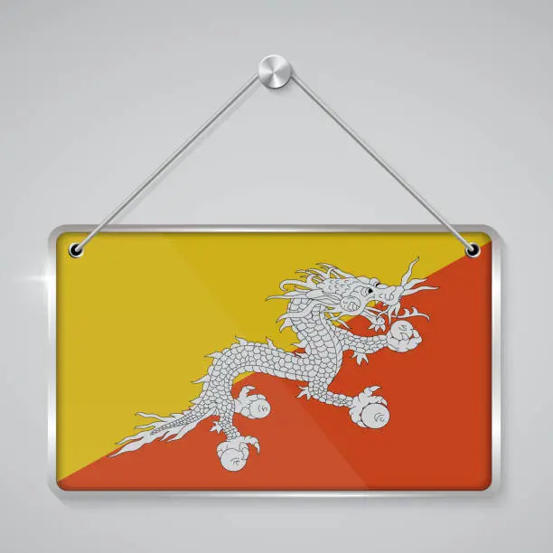 Vector illustration of Bhutan flag pennant hanging on the rope, rectangle hanging