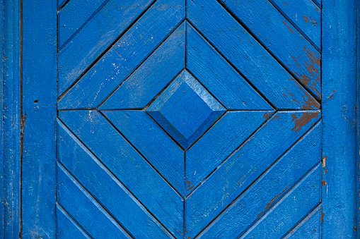 Modern blue painted front door flanked by shrubs