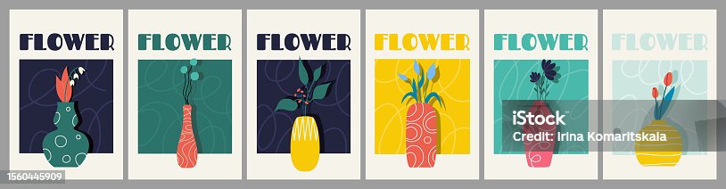 istock A set of abstract flower posters. Fashionable wall prints in a modern style with vases with flower illustrations. 1560445909
