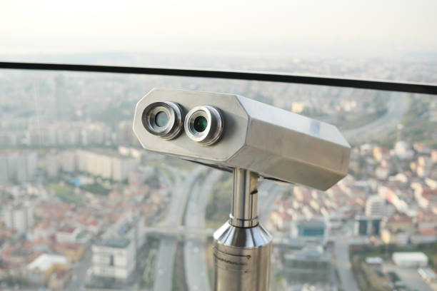 stationary observation binoculars at sunrise on a sunny winter day in Side Antalya