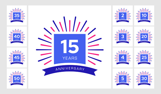 Anniversary Celebration Logo, Icon Design. 2, 3, 4, 5, 10, 15, 20, 25, 30, 35, 40, 45, 50 Years Celebration badge templates, Icon Set of anniversary sticker templates.