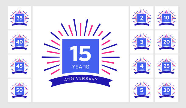 Anniversary Celebration Logo, Icon Design Anniversary Celebration Logo, Icon Design. 2, 3, 4, 5, 10, 15, 20, 25, 30, 35, 40, 45, 50 Years Celebration badge templates, Icon Set of anniversary sticker templates. 10 year anniversary celebration stock illustrations