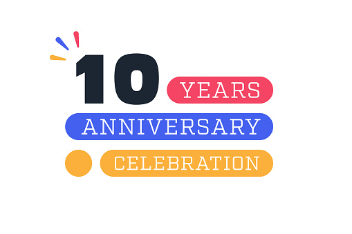 Ten Years Anniversary Logo Template. 10 Years celebration badge, label, greeting card design.