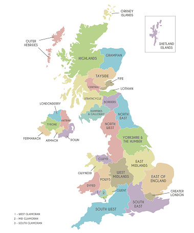 Vector map of UK with administrative divisions. Editable and clearly labeled layers.