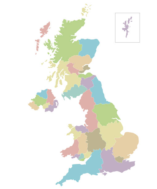 illustrations, cliparts, dessins animés et icônes de carte vectorielle vierge du royaume-uni avec divisions administratives. calques modifiables et clairement étiquetés. - uk map regions england