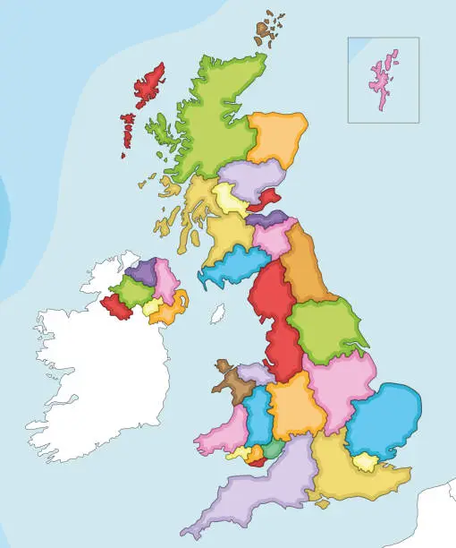 Vector illustration of Vector illustrated blank map of UK with administrative divisions, and neighbouring countries. Editable and clearly labeled layers.