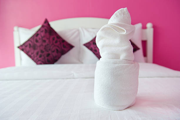 Towel in The Pink Bedroom- home interiors. stock photo