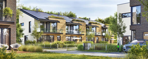 istock Modern residential buildings and solar panels 1560497782
