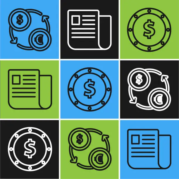 Vector illustration of Set line Money exchange, Coin money with dollar symbol and File document icon. Vector