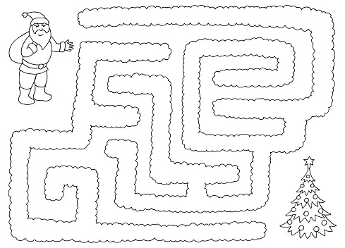 Christmas maze graphic black white sketch illustration vector