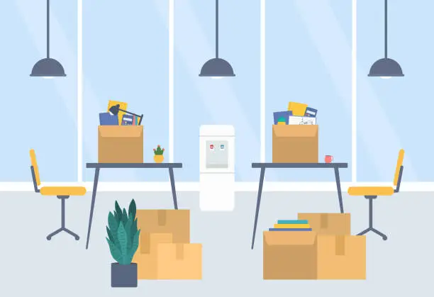 Vector illustration of Business Bankruptcy Or Moving To New Office Concept With Office Chairs, Tables And Cardboard Boxes Full Of Office Supplies