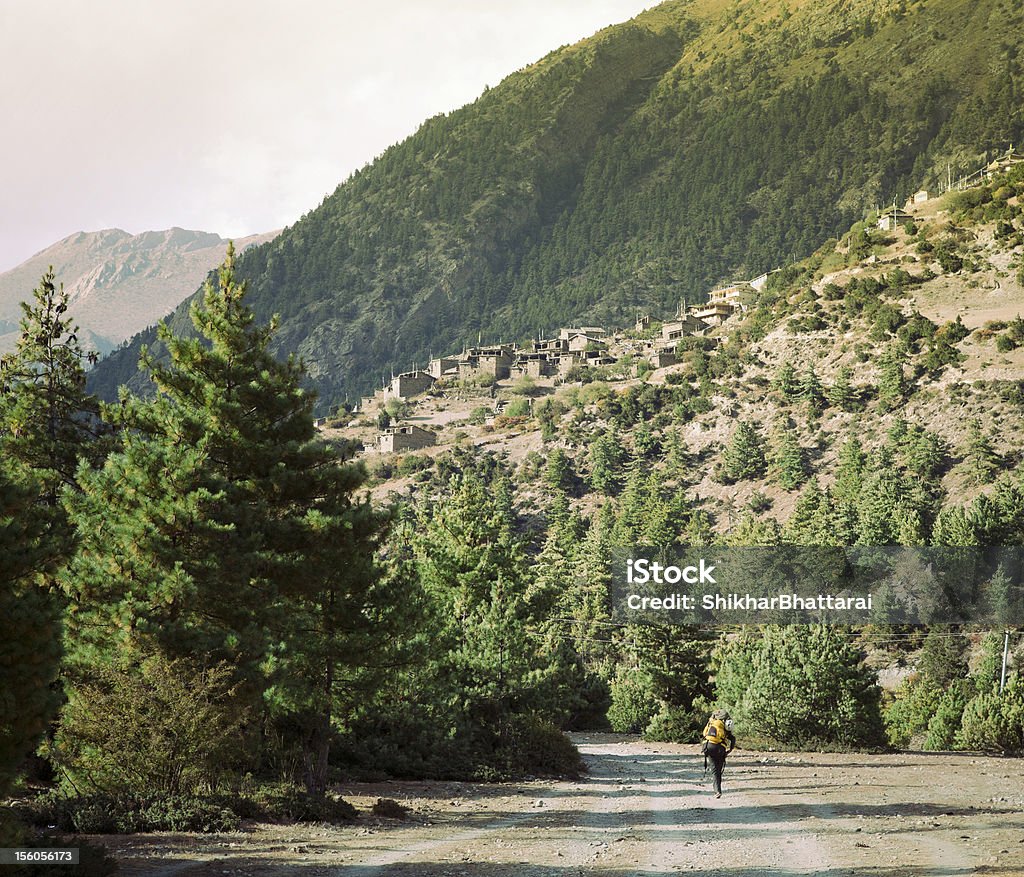Porter walking along a trail in Manang, Nepal. Porter walking along a trail in Manang, Nepal. A small village can also be seen above in the hills. Asia Stock Photo