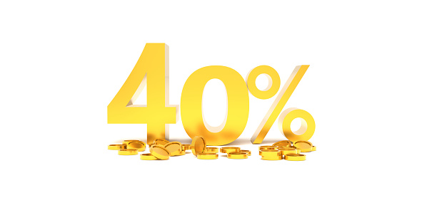 3D Rendering. 40 percent off with gold coin and white background. Special Offer 40% Discount Tag. Super sale offer and best seller.