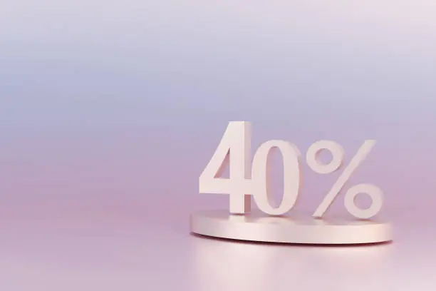 3D Rendering. 40 percent off with freespace for texting on pastel pink background. Special Offer 40% Discount Tag. Super sale offer and best seller.