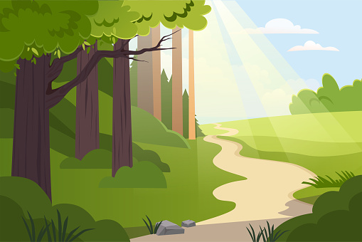 Summer meadow near forest concept. Trees near path in spring season. Beautiful natural panorama or landscape. Bushes and stones under sky with clouds. Cartoon flat vector illustration
