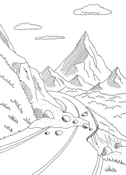 Vector illustration of Landslide graphic black white mountains landscape vertical sketch illustration vector