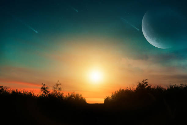 Fantasy landscape. Sun Set and the view of comet on the sky.