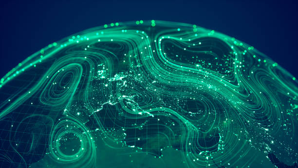 Global Communication (World Map Credits To NASA) Globe viewing from space at night with abstract 5G connection zones.
(World Map Courtesy of NASA: https://visibleearth.nasa.gov/view.php?id=55167) artificial neural network stock pictures, royalty-free photos & images