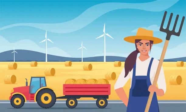 Vector illustration of Woman with pitchfork near haystack. Farmer prepares hay. Tractor with hay bales in cart. Agricultural machinery. Vector Illustration.