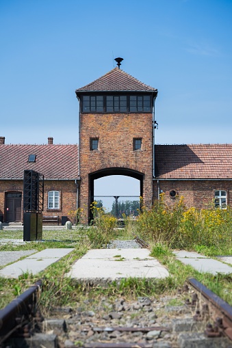 Brzezinka, Poland – August 14, 2021: The final stop of the railway used during the Holocaust, today an information center and bookstore dedicated to the history of Auschwitz