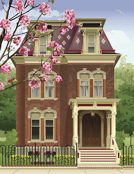 Vector illustration of Victorian House in the Spring