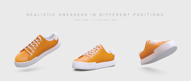 Realistic sneakers, view from different sides. Fashionable modern shoes with laces Realistic sneakers, view from different sides. Fashionable modern shoes with laces. Sports style. Isolated vector icon set. Sneakers for left and right foot running shoes white background stock illustrations