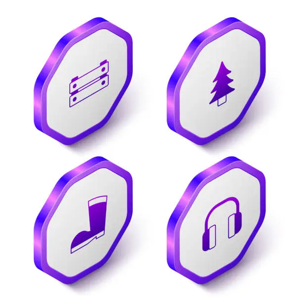 Vector illustration of Set Isometric Wooden box, Tree, Waterproof rubber boot and Headphones icon. Purple hexagon button. Vector