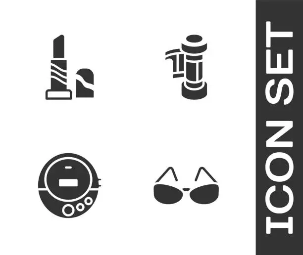 Vector illustration of Set Glasses, Lipstick, Music CD player and Camera roll cartridge icon. Vector