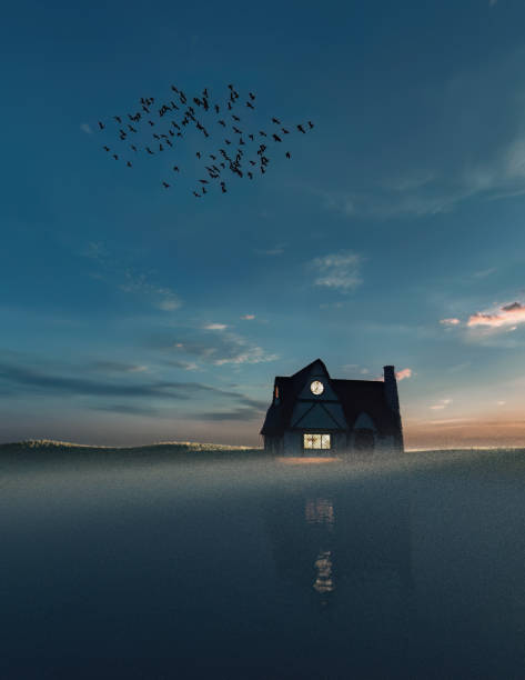 Cottage with lit windows at a misty lake with birds in the sky. 3D render.